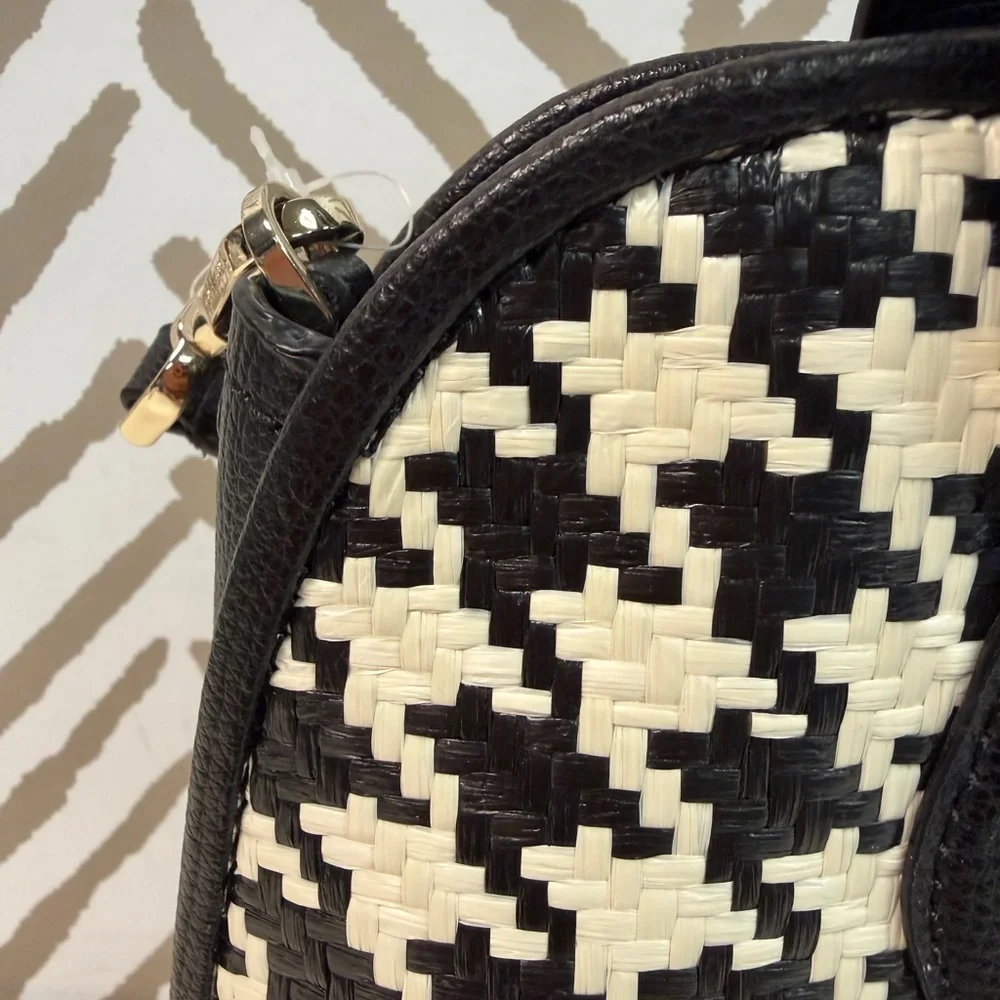 New Kate Spade Small Darcy Houndstooth Straw Satchel with Crossbody Strap - Picture 3 of 9